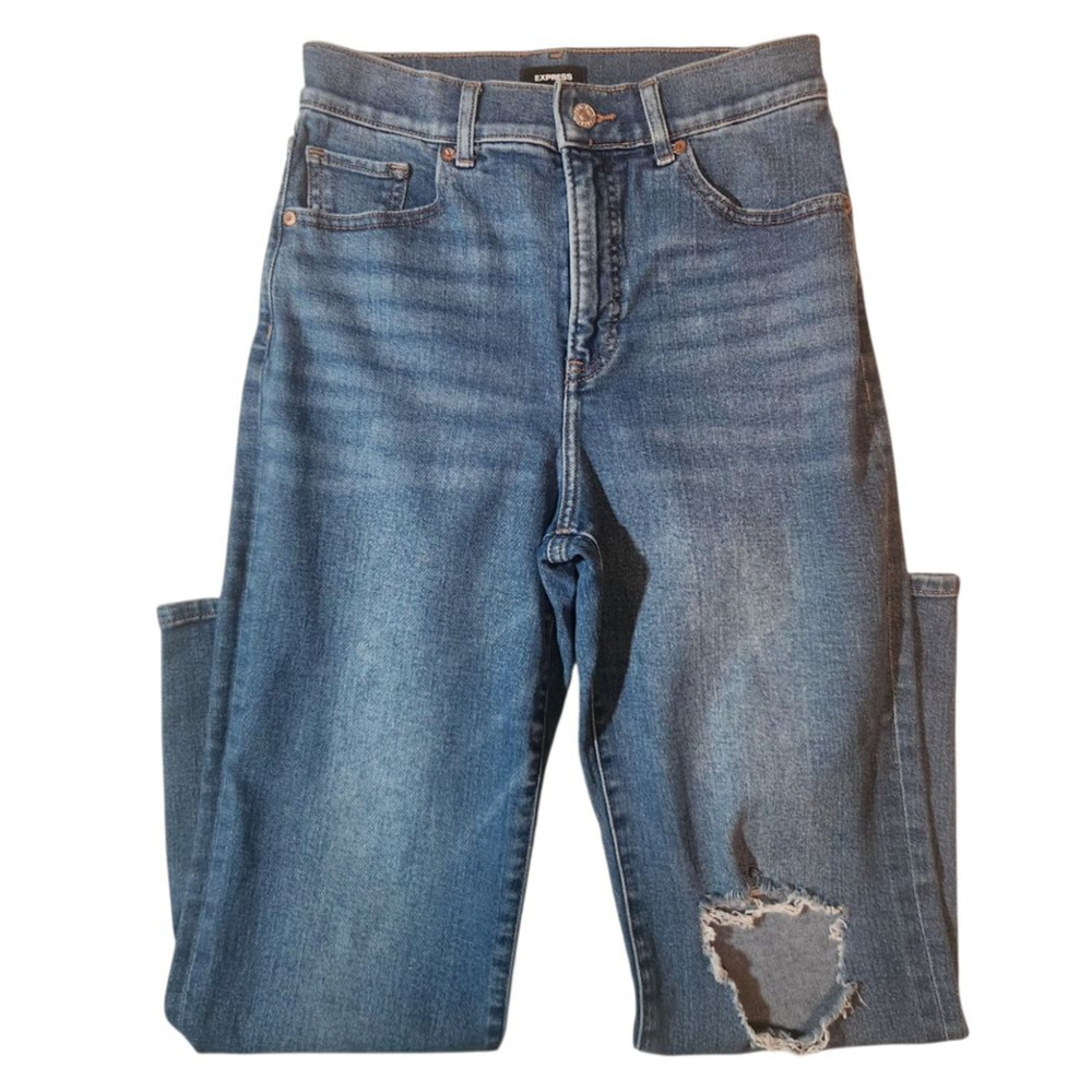 Women's Express Classic Medium Blue Straight Leg Distressed Jeans Size 26